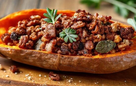 Holiday Stuffed Sweet Potato with Bacon, Pecans, and Sage