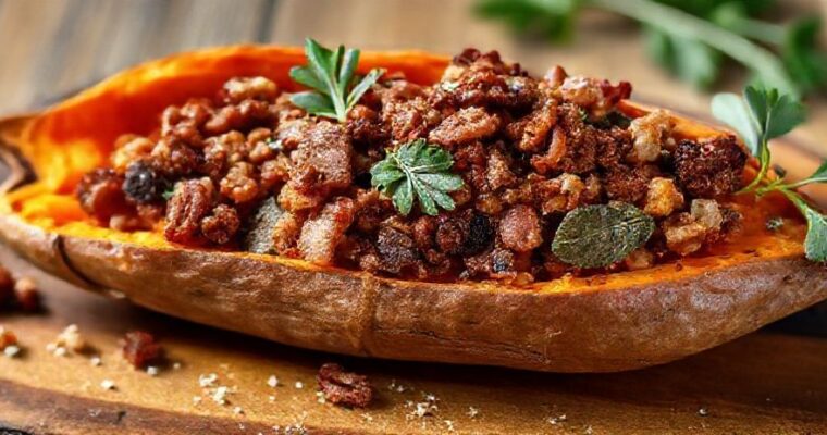 Holiday Stuffed Sweet Potato with Bacon, Pecans, and Sage