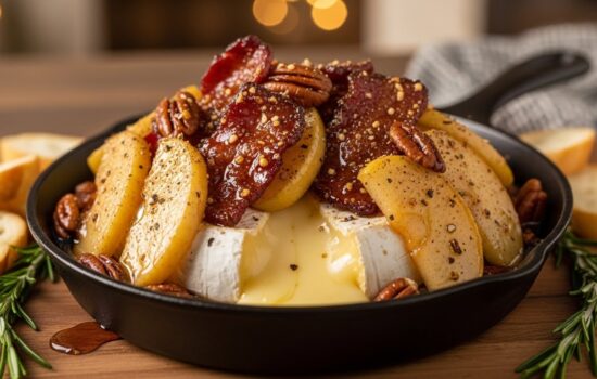 Baked Brie with Maple Caramelized Apples and Spiced Praline Bacon