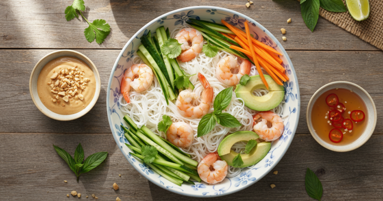 Fresh Spring Roll Bowl with Shrimp and Peanut Sauce