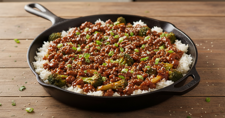 Easy Teriyaki Ground Beef Skillet with Broccoli and Rice