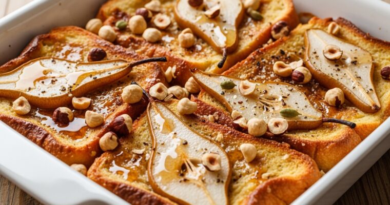 Baked French Toast with Caramelized Pears and Hazelnuts